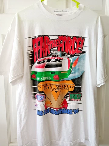 Vtg John Force NHRA Drag Racing Fear the Force Two Side Graphics T Shirt 1996 XL Cover