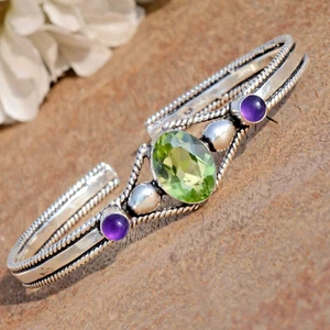 Faceted Peridot & Amethyst Gemstone 925 Sterling Silver Bracelet Latest Jewelry - Picture 1 of 9