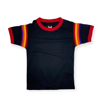 Anna Sui Vintage Black T-Shirt Rainbow Knit Striped Sleeves - Image 1 of 4