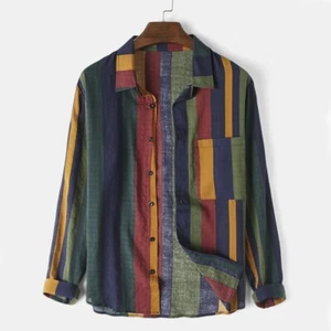 Camisa de hombre a rayas de algodón y lino multicolor informal de negocios manga larga - Imagen 1 de 7