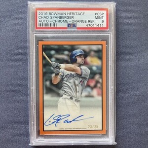 CHAD SPANBERGER SSP /25 On-Card Auto 2019 Bowman Heritage ORANGE REFRACTOR-PSA9
