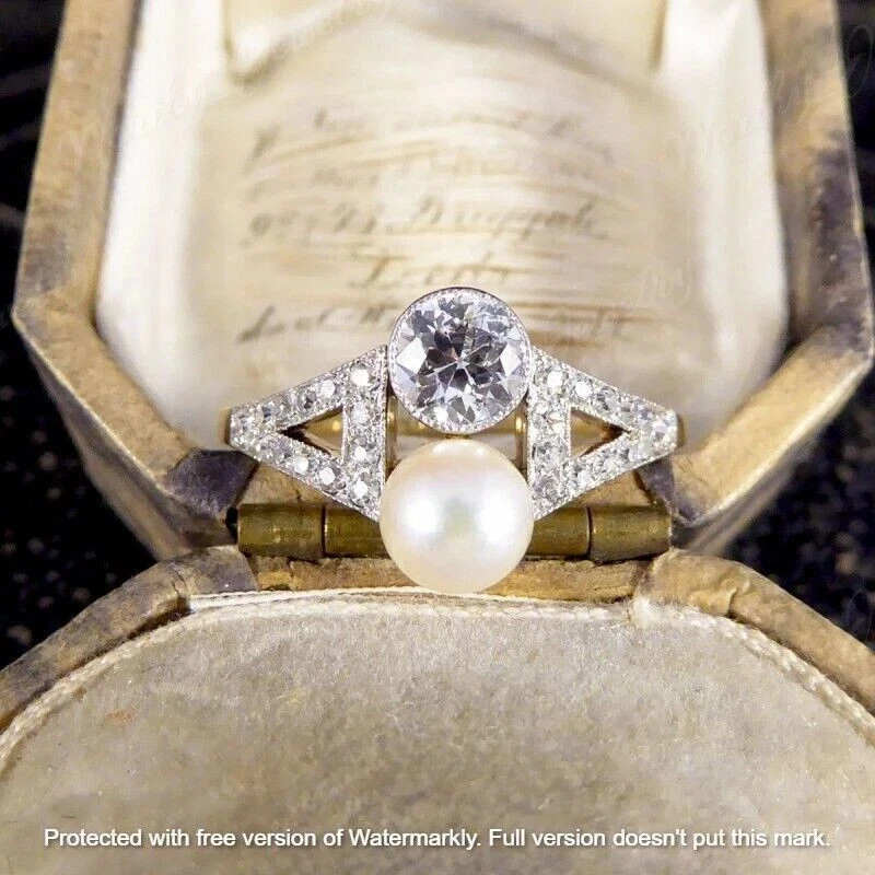 Elegante anillo antiguo de dos piedras con estilo de perlas blancas de corte redondo de 4 quilates de oro de dos tonos de 14 quilates Foto 1 de 4