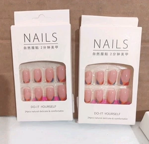 Lot of 2 - Press on Nails Short Square Mutiple color French Tip Nails Style - Picture 1 of 2