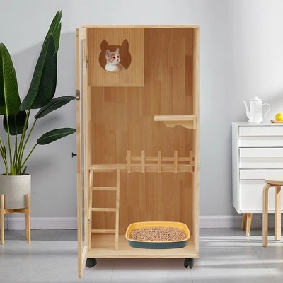 Large Wooden Indoor Cat Enclosure Catio Cage with Ramp and Covered Cat House Kit - Image 1 of 4