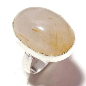 Rutilated Quartz Cabochon Oval Gemstone 925 Silver Handmade Statement Ring US-8 - Picture 1 of 2