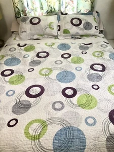 Full Quilt Set Vintage Bubbles/ Circles and 2 Shams Blue, Green, Purple, - Picture 1 of 21