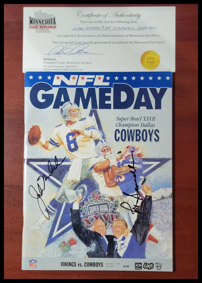 John Madden Pat Summerall Signed Program 1993 Minnesota Vikings Dallas Cowboys - Image 1 of 1