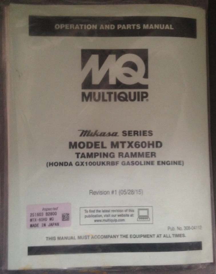 OEM MultiQuip Mikasa Series MTX60HD Oper. & Prts Manual Tamping Rammer GX100 NEW - Image 1 of 2