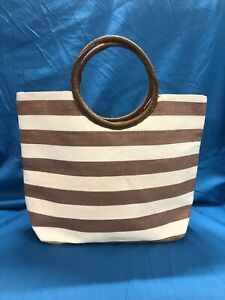 NEIMAN MARCUS Brown/Beige CANVAS STRIPES Woven Handle SUMMER Large TOTE BAG