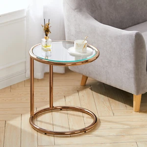 Single Round Side Table End Table with Metal Frame and Glass Top,Gloss Rose Gold - Picture 1 of 10