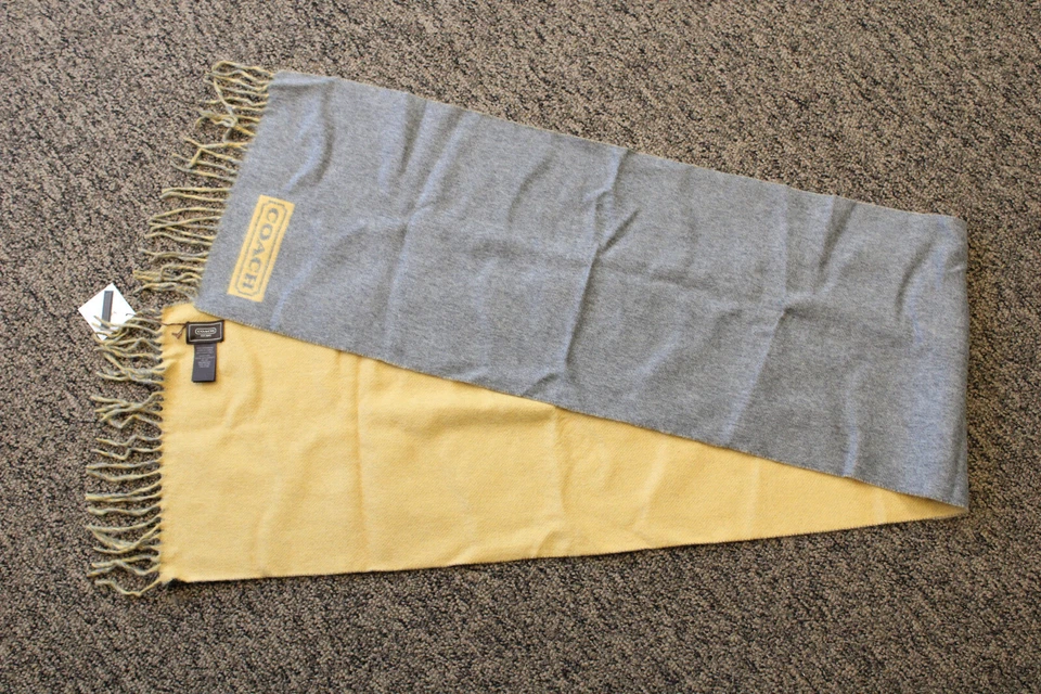 Coach 84080 100 Cashmere Scarf Reversible Charcoal Blue Fringe