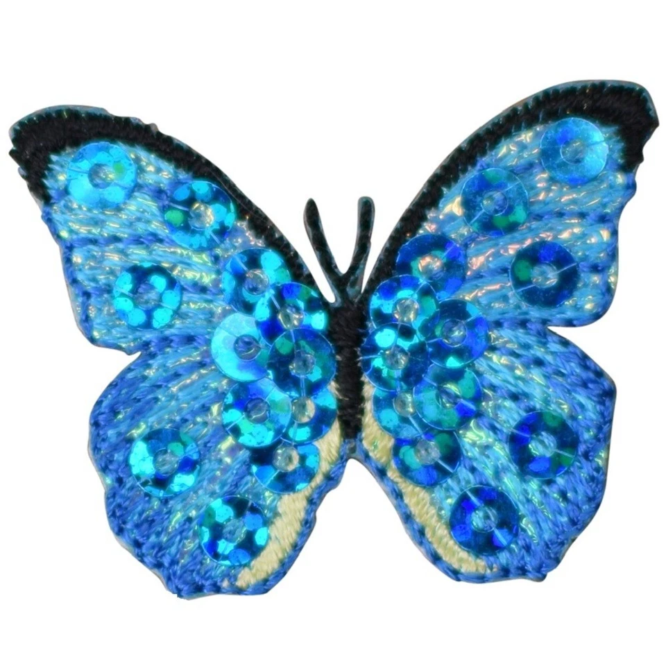 Butterfly Applique Patch Blue Mini Sequin Shimmery Embroidered Badge 1.5" - Image 1 of 1