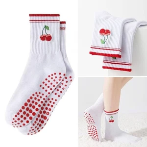 Cotton Pilates Socks Harajuku Street Cherry Embroidery Socks New Yoga Socks - Picture 1 of 15