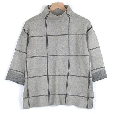 Suéter TAHARI Cuello Simulado Manga 3/4 Puño Talla S Gris Azul Tejido a Cuadros Top Informal Foto 1 de 4