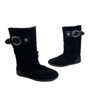 Coach Boot Women Size 9 Black Mishka Suede Fur Lined Boots Silver Buckle Winter - Picture 1 of 12