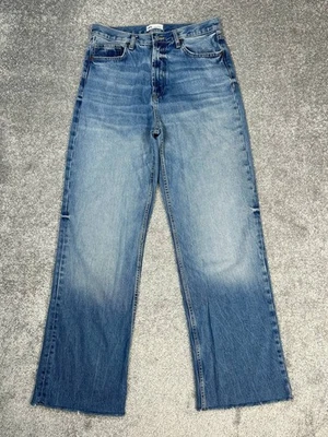 Jeans Zara para mujer 8 azules denim algodón preppy tiro alto dobladillo crudo recto 31x33 Foto 1 de 4