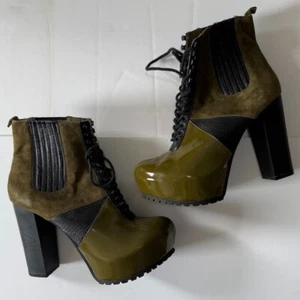 Matiko Olive Green Suede/Patent Leather High-Heel Booties - Picture 1 of 6