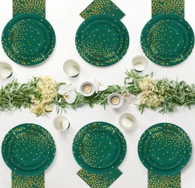 121 un. Platos verdes, servilletas de fiesta, platos de papel verde con tazas de puntos dorados - NUEVO Foto 1 de 4