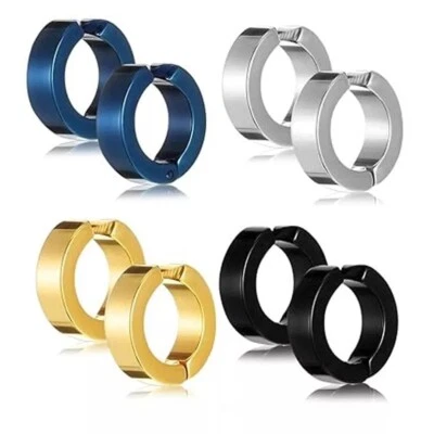 2pcs Stainless Steel Mens Womens Clip On Earrings Small Hoop Huggie Non-Piercing - Image 1 of 4