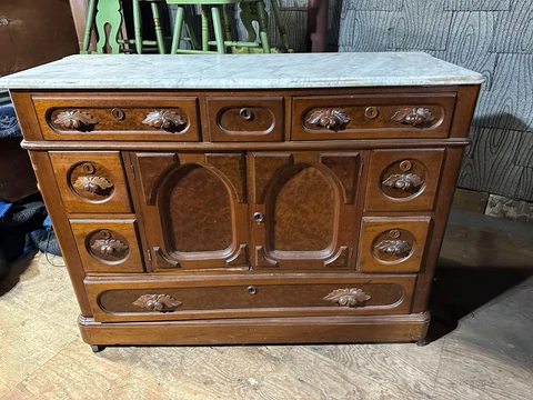 RARE 1860S WALNUT VICTORIAN 8 DRAWER MARBLE TOP SERVER SIDE CABINET ! CARVED Cover