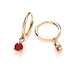 9ct Yellow Gold Garnet Hinged Sleeper Drop Hoop Earrings - January Birthstone - Picture 1 of 7