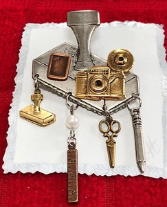 UNIQUE HANDCRAFTED “OFFICE ESSENTIALS ” PIN BROOCH ! - Picture 1 of 12