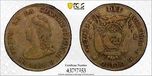 1855 GJ ECUADOR Silver 4 REALES PCGS VF-35 - Quito - KM#37 - Picture 1 of 4