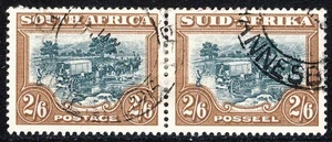 SOUTH AFRICA 1949 2/6d Green & Brown Bilingual Pair SG 121 VFU - Picture 1 of 2