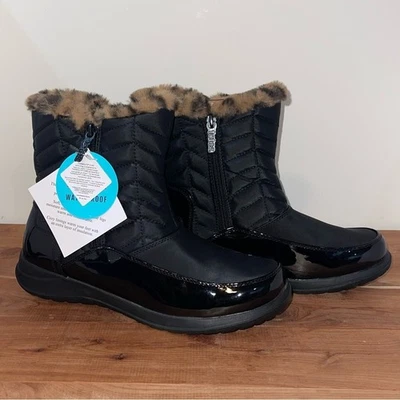 NUEVOS TOTES NEGROS Leopardo Imitación Piel Botines Impermeables Nieve Invierno Talla 10 Foto 1 de 4