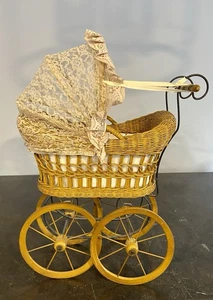 Vintage Large Baby Doll Carriage Buggy Lace Canopy Fabric Liner Wicker Metal - Picture 1 of 19