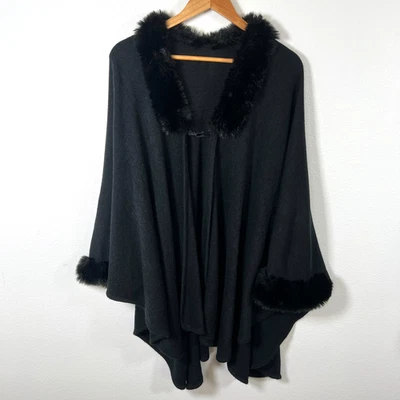 Unbranded Womens Faux Fur Trimmed Cape OS Black Stretch Evening Party Shawl Cozy - Image 1 of 4