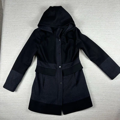 Women’s Guess Black & Gray Wool Blend Overcoat, Size Large A-line Cut - Imagem 1 de 4