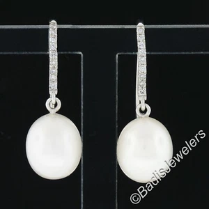 New 14k White Gold 0.10ct Pave Diamond Hook Earrings w/ White Pearl Drop Dangle - Picture 1 of 5
