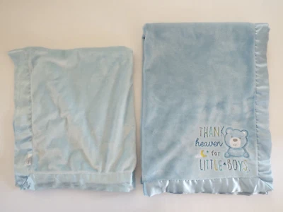 Lot 2 Blue Baby Blankets Thank Heaven for Little Boys Satin Edge - Image 1 of 4