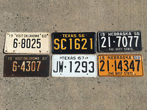 license plate collection Texas Oklahoma Nebraska decor art craft number tag 50’s