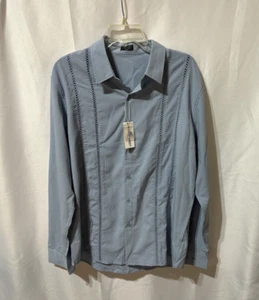 Men's Cuban Guayabera Shirts Long Sleeve Casual Button Down Blue Size Medium - Picture 1 of 4
