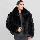 Mens Real Fox Fur Coat Genuine Sheep Leather Bomber Hood Lapel Jackets Outwear