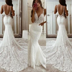 Sexy Wedding Dresses Deep V Neck Mermaid Lace Appliques Backless Bridal Gowns - Picture 1 of 11