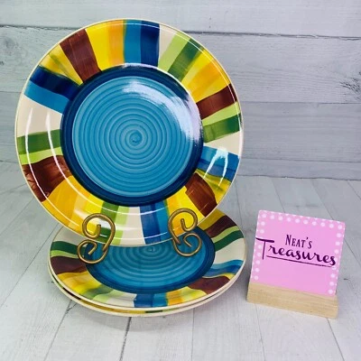 Juego de 3 platos de cena de gres Gibson CARMELITA Mul rayas banda azul centro acuático Foto 1 de 4