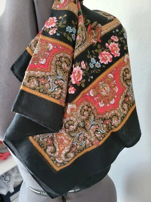 Hermosa Bufanda Roja Lana Negra De Colección 30" Floral Diseñador Dorado Pergamino Otoño Foto 1 de 4