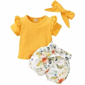 Baby Girl Toddler Ruffle Short Sleeve Tops + Pant Set with Headband Buds Outfits - Picture 1 of 7