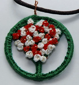 Hand made Needle lace pendant green/white/red tree Flowering Tree copper E - Picture 1 of 3
