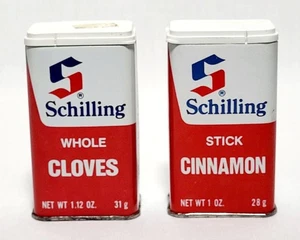 Spice Tin 1977 SCHILLING Cloves Cinnamon Stick EMPTY Red Can Seasoning LOT 2 - Picture 1 of 7