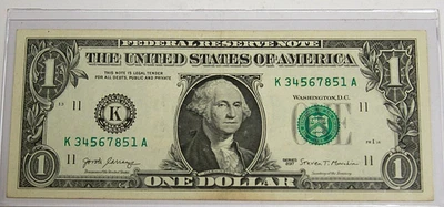 Six Digit Ascending Ladder 🪜 K 34567851 A Fancy Serial Number $1 FRN - Image 1 of 3