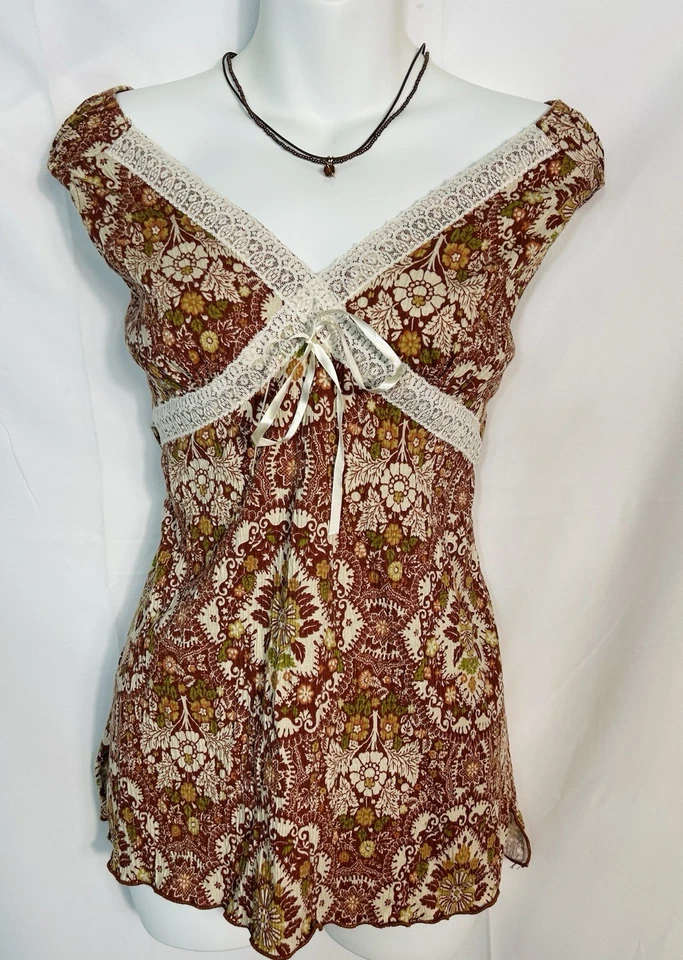 Винтажный Y2K цветочный Babydoll верхний кружевной отделки галстук назад богемное опрятный фея кокетка - Изображение 1 из 4