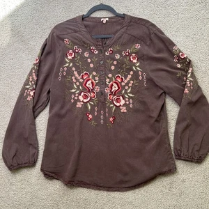 REBA Woman Embroidered Fall Flowers Peasant Brown Blouse 3/4 Sleeves XL - Picture 1 of 9
