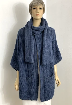 Vertigo Women's Blue Knit Open Front Cardigan w/ Scarf 3/4 Sleeve Pocket NWT - Image 1 of 4