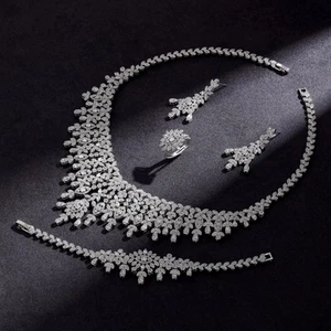 Silver CZ Crystal Bridal Wedding Necklace Earring Ring BraceletCubic Zirconia - Picture 1 of 5