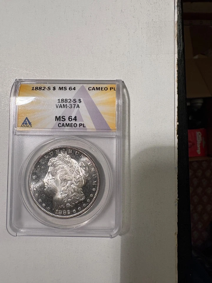 Dólar Morgan 1882-S ANACS $ MS 64 camafeo VAM-37A PL similar a prueba Foto 1 de 2