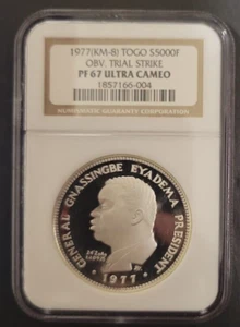 1977 **OBV. TRIAL STRIKE** SILVER PROOF TOGO 5000 francs coin KM-TS3 NGC PF 67 - Picture 1 of 2